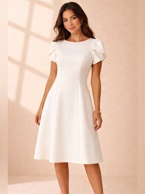 White Graduation Dress | Puff Sleeve A-Line Knee Length Dress | Size 14